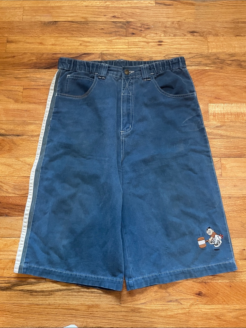 MENACE Blue Jean Shorts with Side Stripe and Embroidered Detail